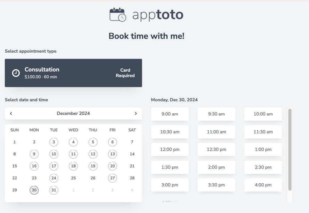 Apptoto online booking page showing standard and custom holidays blocked off from displaying availability